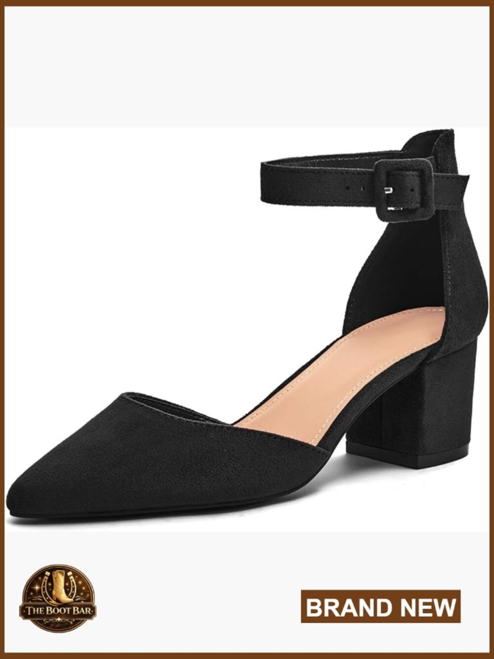 Pointed Toe Chunky Block Heel D'Orsay Pumps, Ankle Strap Buckle